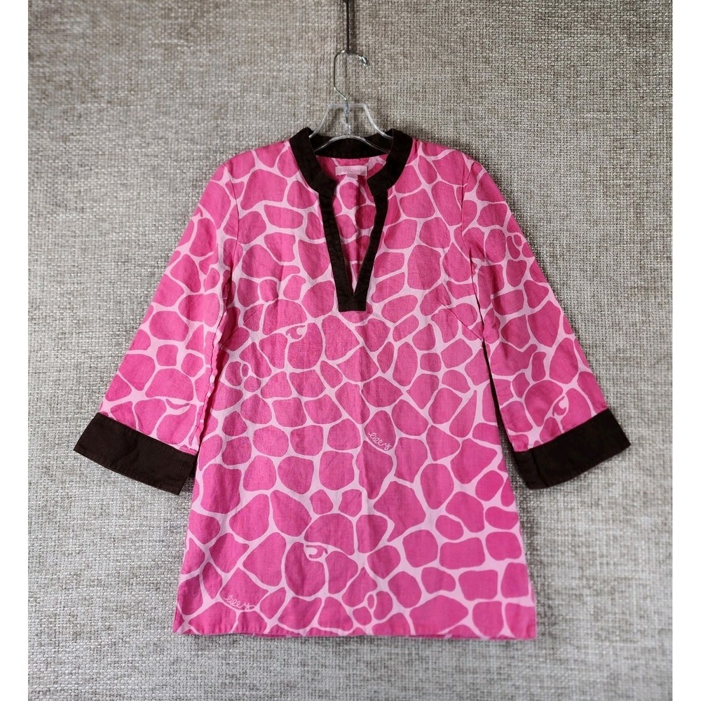 Lilly Pulitzer Linen Tunic Dress Womens XS Pink Giraffe Print Boho Beachy VTG